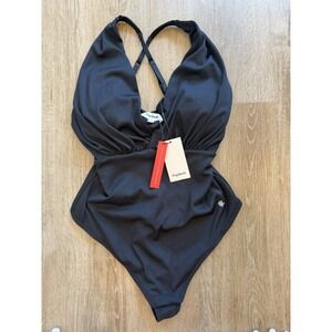 Popilush Ribbed One Piece Swimsuit V Neck  Black Padded Cheeky Large NWT